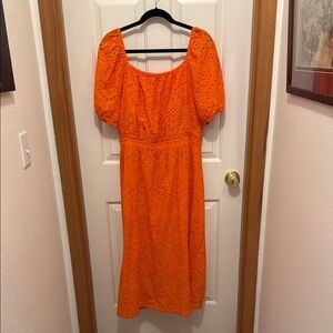 Bright Orange Puff-Sleeve Eyelet Midi Dress